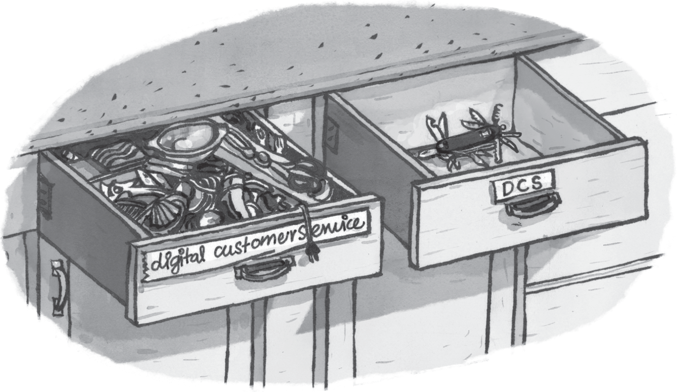 Cartoon illustration of Digital customer service and DCS in two racks.