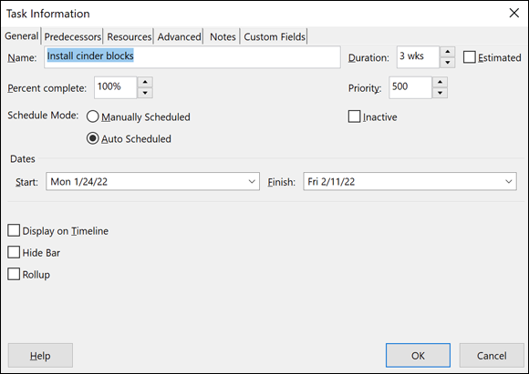 Snapshot of the Task Information dialog box.