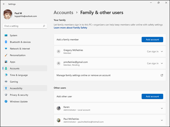 Snapshot shows create and change user accounts.