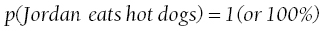 p left-parenthesis normal zero width space upper Jordan normal eat shot dogs normal zero width space right-parenthesis equals 1 left-parenthesis normal zero width space o r Baseline 100 percent-sign normal zero width space right-parenthesis