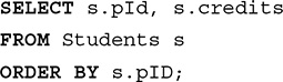 Line 1. SELECT s dot p I d comma s dot credits.
Line 2. FROM Students s.
Line 3. ORDER BY s dot p I d semicolon.
