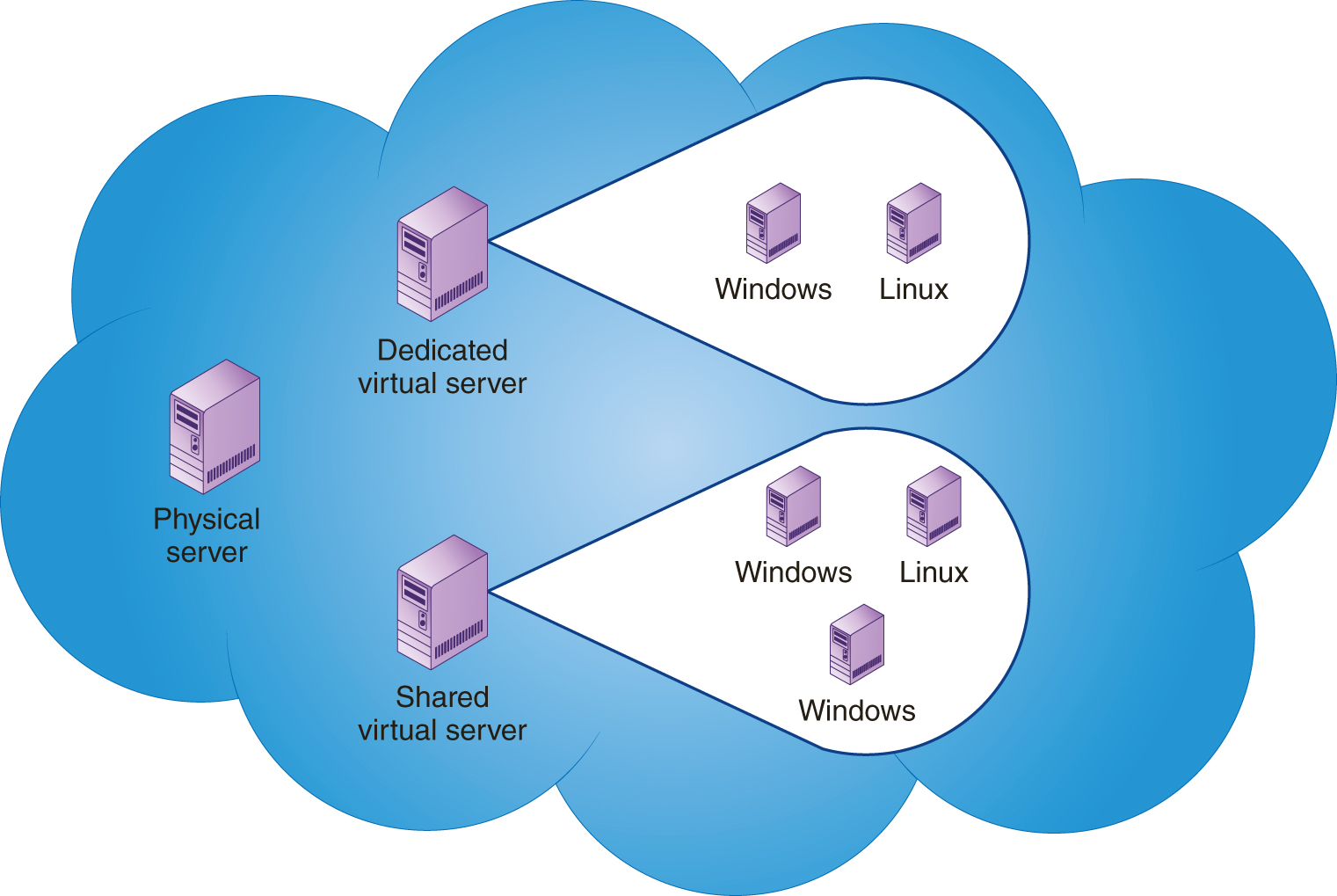 A cloud consists of physical server, dedicated virtual server, and shared virtual server. Dedicated virtual server consists of a server representing Windows and another server representing Linux. Shared virtual server consists of two servers representing Windows and another server representing Linux.
