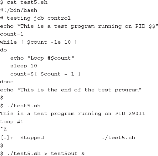 An output shows the current jobs being handled by the shell using the jobs command.