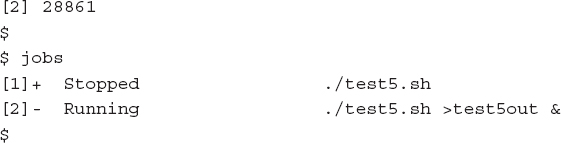 An output shows the current jobs being handled by the shell using the jobs command.
