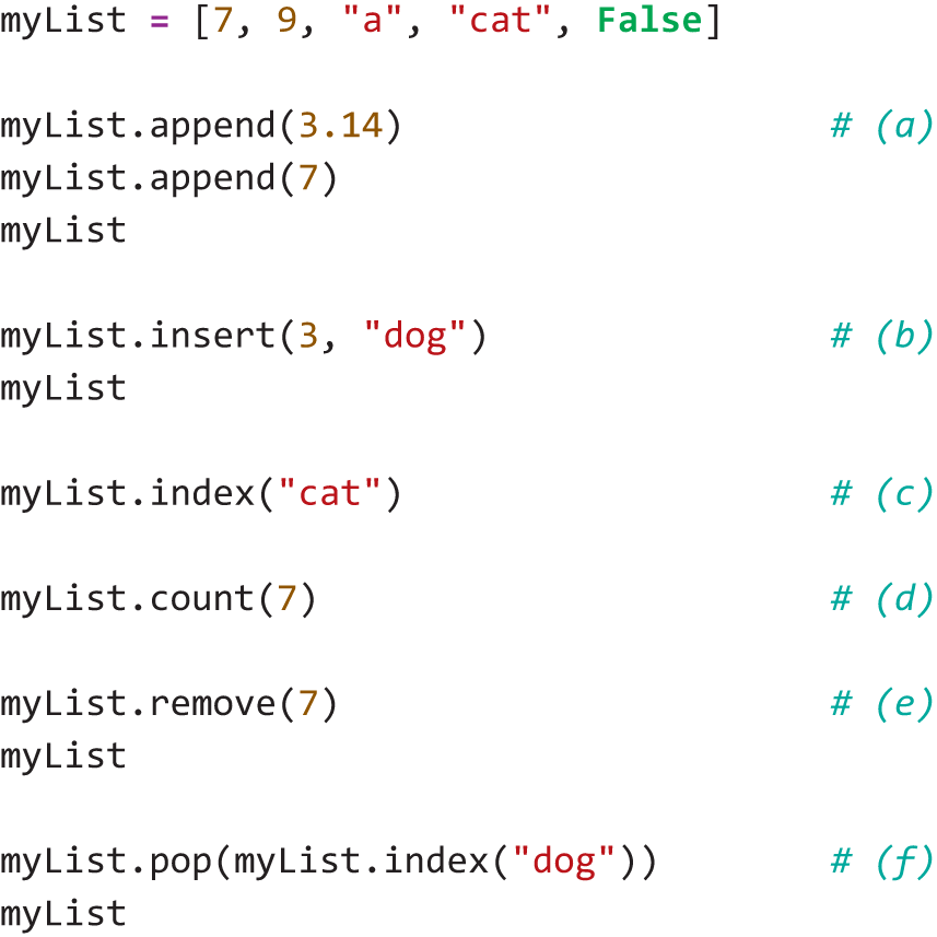 Python statements to append 3.14 and 7 to the list, insert the value dog at position 3, find the index of a cat, count the number of 7 s in the list, and remove the first 7 and the dog from the list.