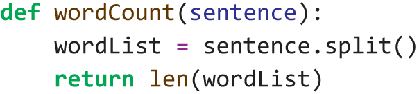 A Python code fragment writes a function that takes a sentence as a parameter and returns the number of words in the sentence.