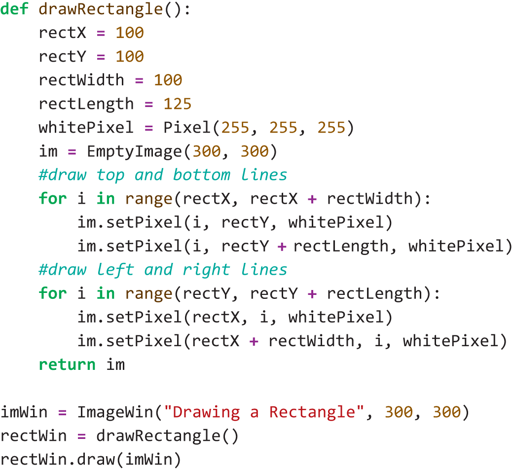 A Python program writes a function to create an image of a rectangle.