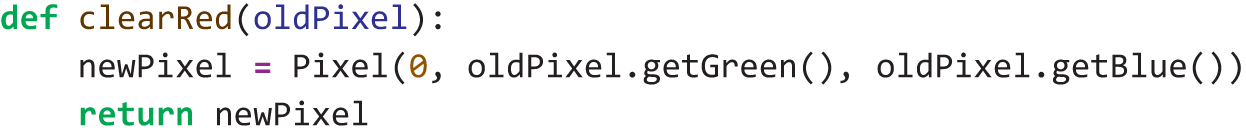 A Python program writes a function that removes all red from a pixel.