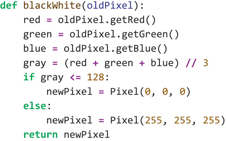 A Python program writes a function that takes a colored pixel and returns a black or white pixel.