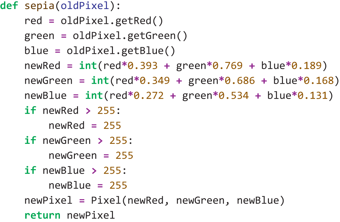 A Python program writes an R G B function to convert a pixel to a sepia tone.