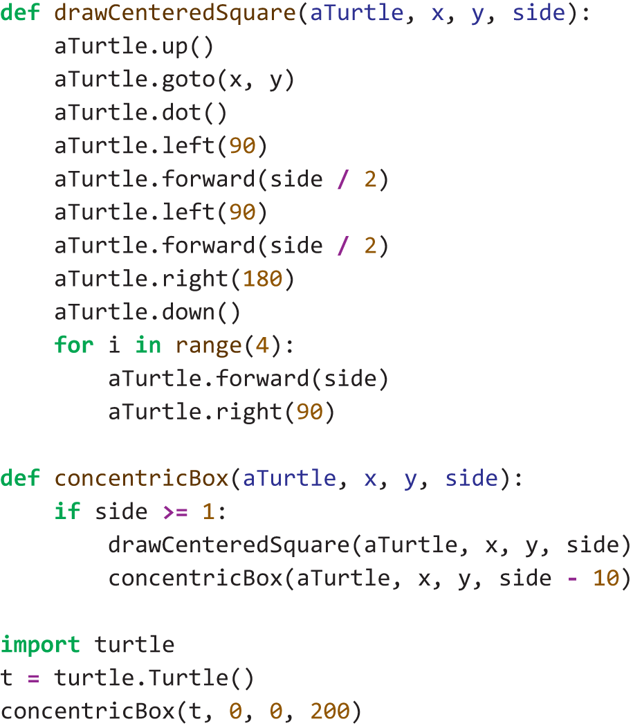 A Python code presents a recursive function to draw concentric nested boxes, where each box is centered at the same point.