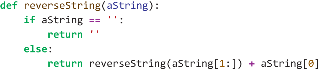 A program presents a recursive function to reverse the characters in a string.