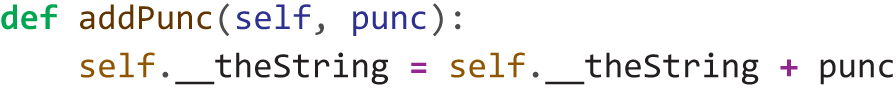 A code presents how to Write a mutator method for the Sentence class that allows you to add a punctuation mark to the end of the sentence.