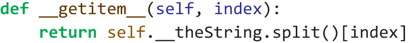 A program code presents how the get item method is used the index operator notation to access a word in the sentence.