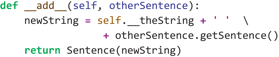 A program code presents how the add method is used to returns a new instance of Sentence.