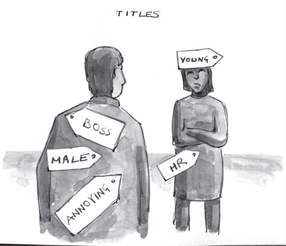 A person with titles, young and H R, speaks to another person with titles, boss, male, annoying.