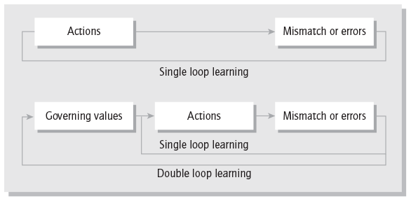 A figure shows Argyris’s double and single loop learning model.