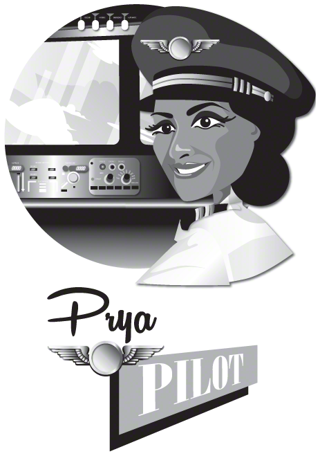 A uniformed woman sits in the cockpit of the plane. Dials and monitors are in front of her. The graphic has the text, Prya, pilot.