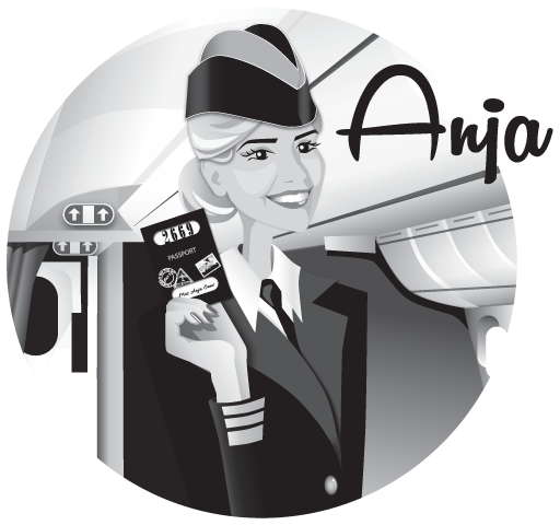 A uniformed airline worker stands in the cabin of an airplane and holds a passport. This graphic has text that reads, Anja.