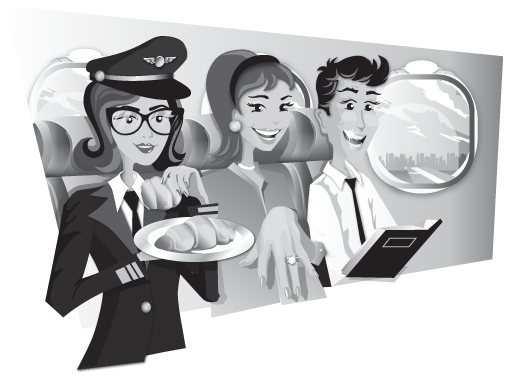 An airline worker, who holds a plate of food, stands next to two passengers. One passenger holds out her hand, which has a ring on it. The other passenger reads a book.