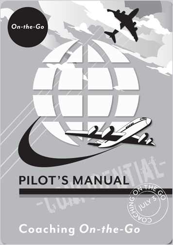 The icon shows a cover of a manual. Images of airplanes flying around a globe are on the manual. The manual cover also has the text, on the go, pilot’s manual, coaching on the go.