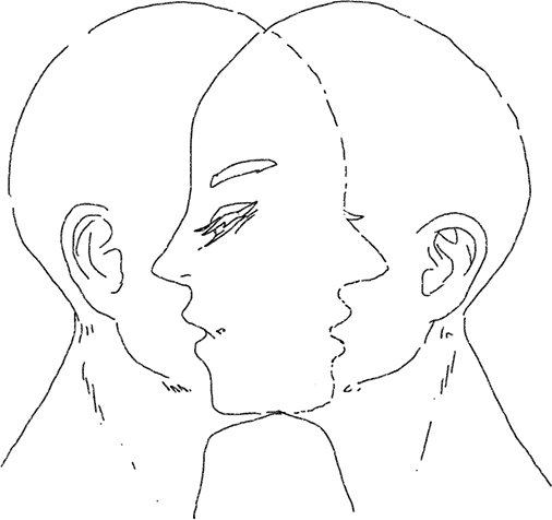 Two human figures whose facial features appear to overlap each other.