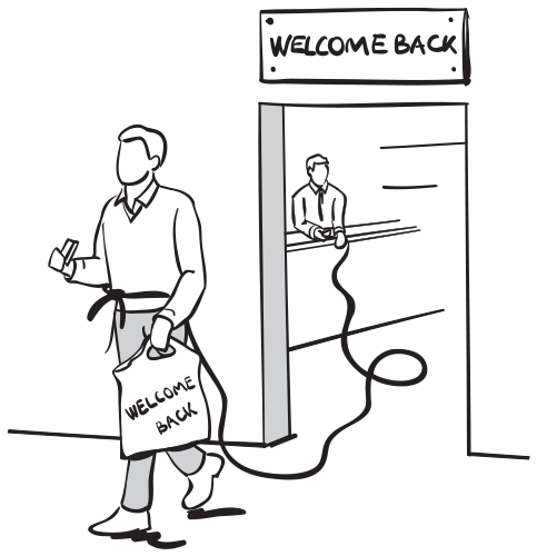 A man walking out of a retail store but with a string attached between him and the sales representative standing behind a counter inside the store. The store’s signboard and the shopping bag carried by the customer read: Welcome back.