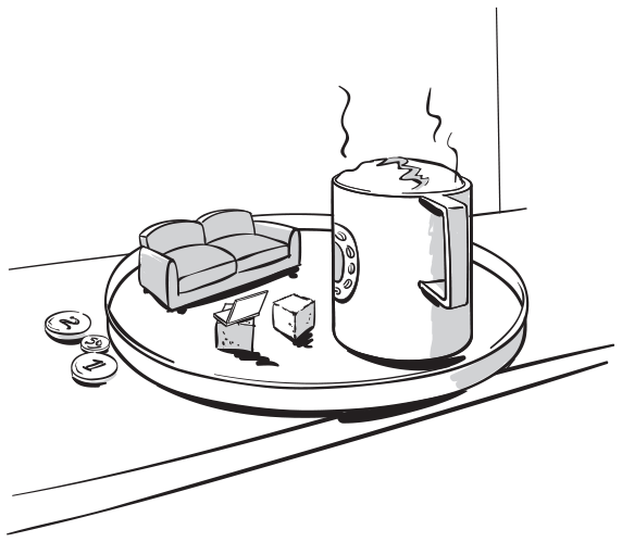 A circular tray kept on a counter next to three coins of 50 cents, $1 and $2 denominations. In the tray is an oversized mug of hot coffee, a two-seat sofa, two sugar cubes and a laptop resting on one of the cubes.