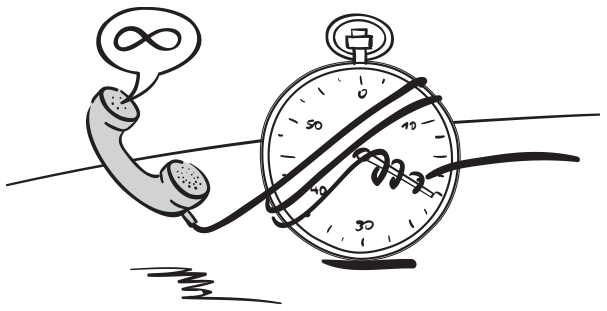 An alarm clock kept on the table, coiled by wire of a telephone receiver. The clock’s only hand shown is also coiled by the wire. A circular callout pointing to the other end of the receiver is marked with the infinity symbol.