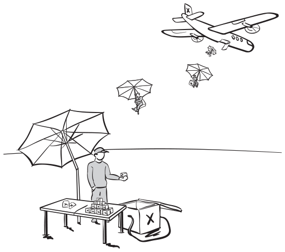 A man arranging items to be sold on a table under an umbrella canopy. Few other men are visible jumping out of a plane with boxes and open umbrellas.