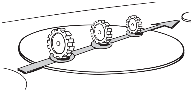 Three gear wheels strategically placed on a strip of an arrow running across a circular platform.