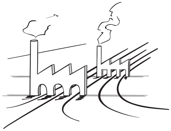 Two factories on a four-lane track. The factory behind appears to be on its way to where the factory ahead has reached. The factory ahead is at a turning point of the track with two options of a left and a right.