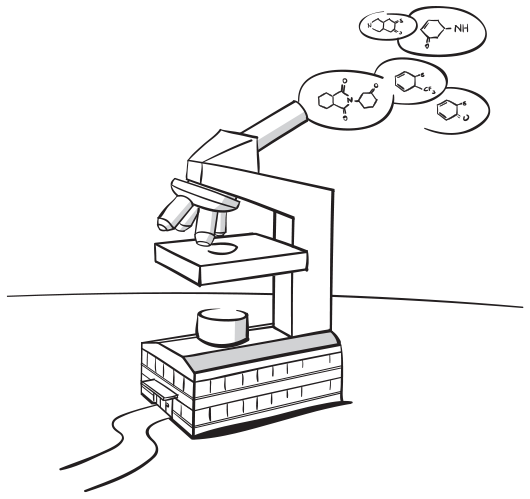 A microscope mounted on top of a miniature building, attempting to read through a chimney on its roof. Clouds of different molecular formulae seem to emanate from the eyepiece of the microscope.