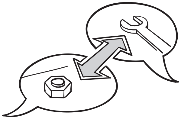 A nut and a spanner, kept on two separate circular callouts pointing in different directions, interacting with each other through a double headed arrow.