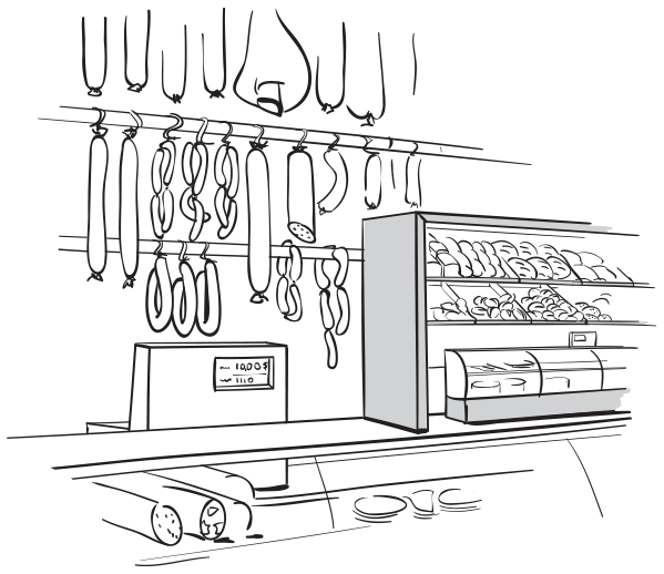 A bakery, with sausages dry hanging from wooden poles in the background. A billing device on top of a display case is also visible. Another display case is stacked with bread loaves, croissants, cookies and other products.