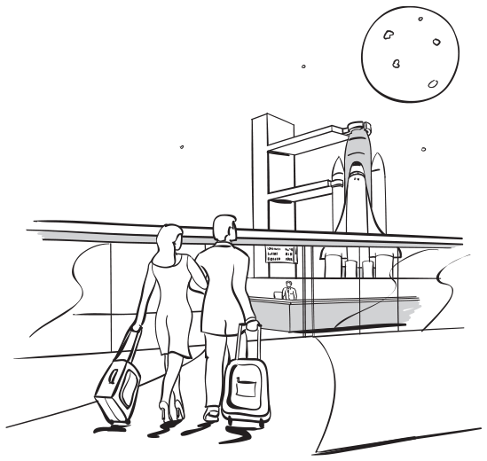 A couple walking with their suitcases towards a space centre. A man sits at a counter inside the building. A rocket launchpad can be seen behind the man and a large sized moon is visible in the sky above.