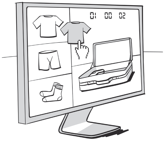 A computer screen shows a cursor dragging a t-shirt from an open briefcase in the right pane to the left of the screen. Other items displayed in the left pane are a t-shirt, a boxer short and a pair of socks. A digital counter at the top right of the screen reads ’01, 00, 02.’