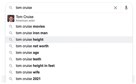 A screenshot of a google search engine displays the search results of Tom Cruise.