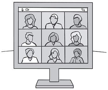 An illustration depicts a computer monitor screen displaying a 3 by 3 grid of nine individuals on a video conferencing platform.