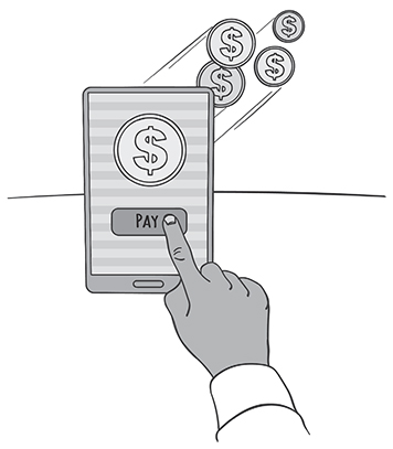 An illustration depicts a person tapping the pay button in a payment platform on a mobile and the money being transferred.