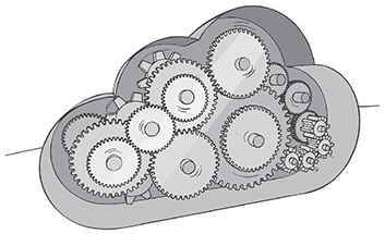 An illustration depicts a gear system placed inside a cloud.