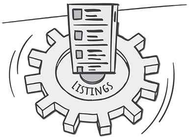 An illustration depicts listings placed on top of a horizontal rotating gear.