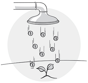 An illustration depicts dollars pouring out from a sprinkler on a germinating plant.