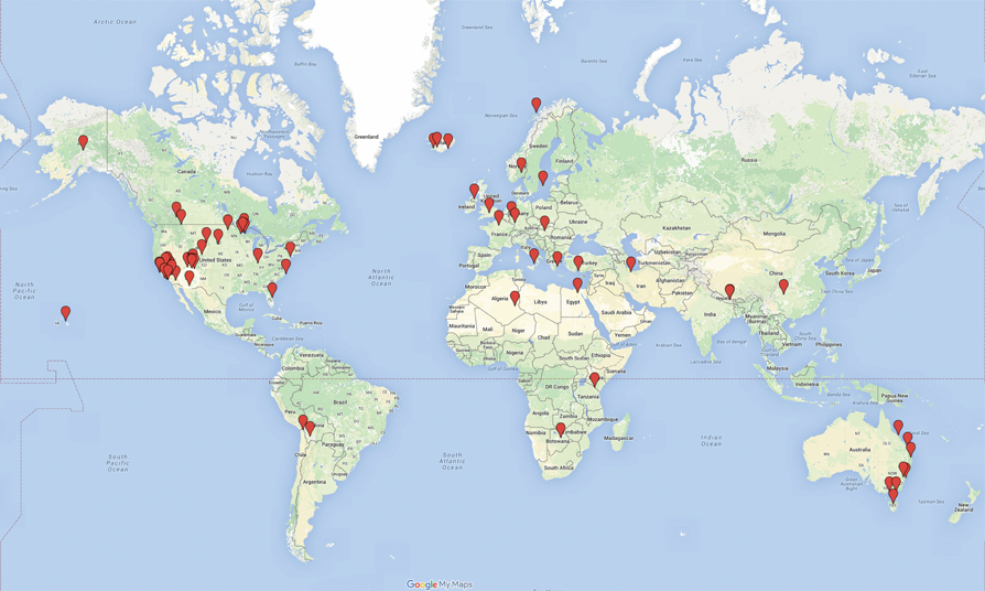 AII.1 World map showing the locations of the images shown in this book.