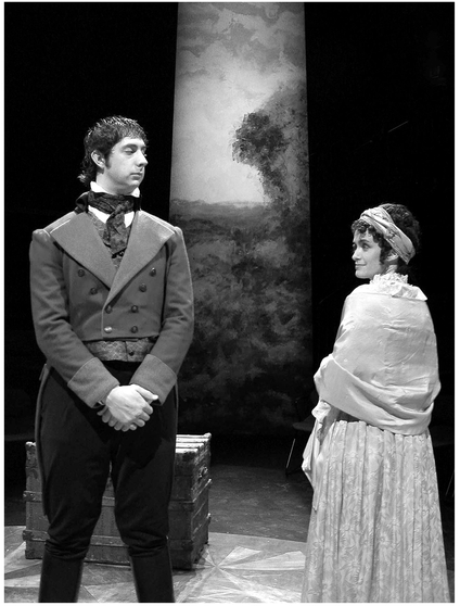 Arcadia by Tom Stoppard. In the round production directed by Anjalee Deshpande Hutchinson, lighting and set design by Karel Blakeley, costume design by Katrin Naumann. Le Moyne College 2005. Credit: Mark Hutchinson