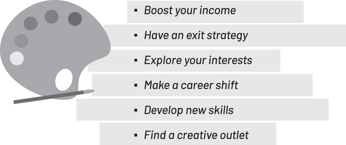 A representation exposes the 6 benefits of a side hustle. It includes boosting the income and having an exit strategy.