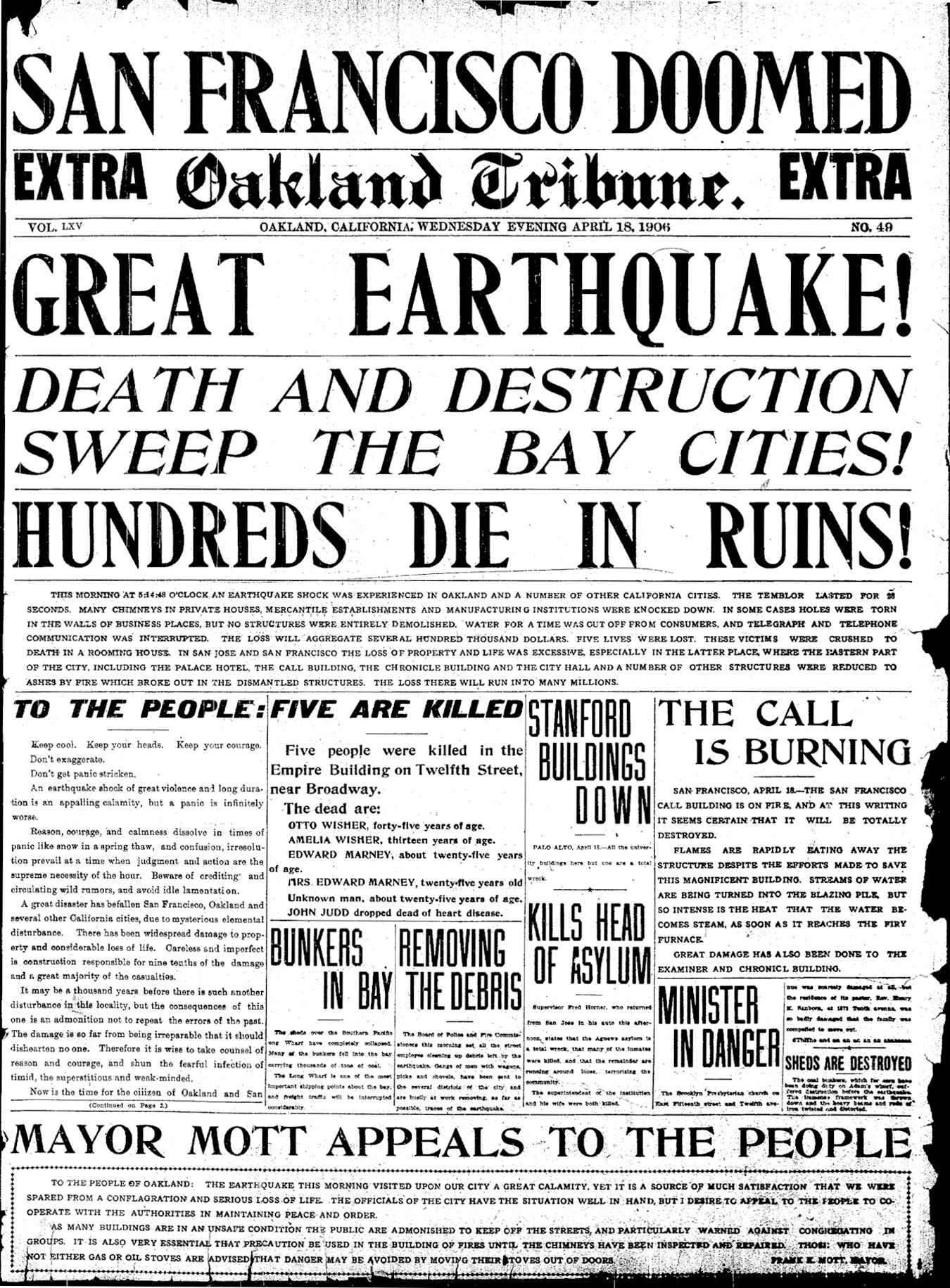 An illustration of the front page headlines from the Oakland Tribune (Calif.) reporting the devastation in San Francisco, April 18, 1906.