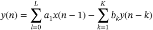 y left-parenthesis n right-parenthesis equals sigma-summation Underscript l equals 0 Overscript upper L Endscripts a 1 x left-parenthesis n minus 1 right-parenthesis minus sigma-summation Underscript k equals 1 Overscript upper K Endscripts b Subscript k Baseline y left-parenthesis n minus k right-parenthesis