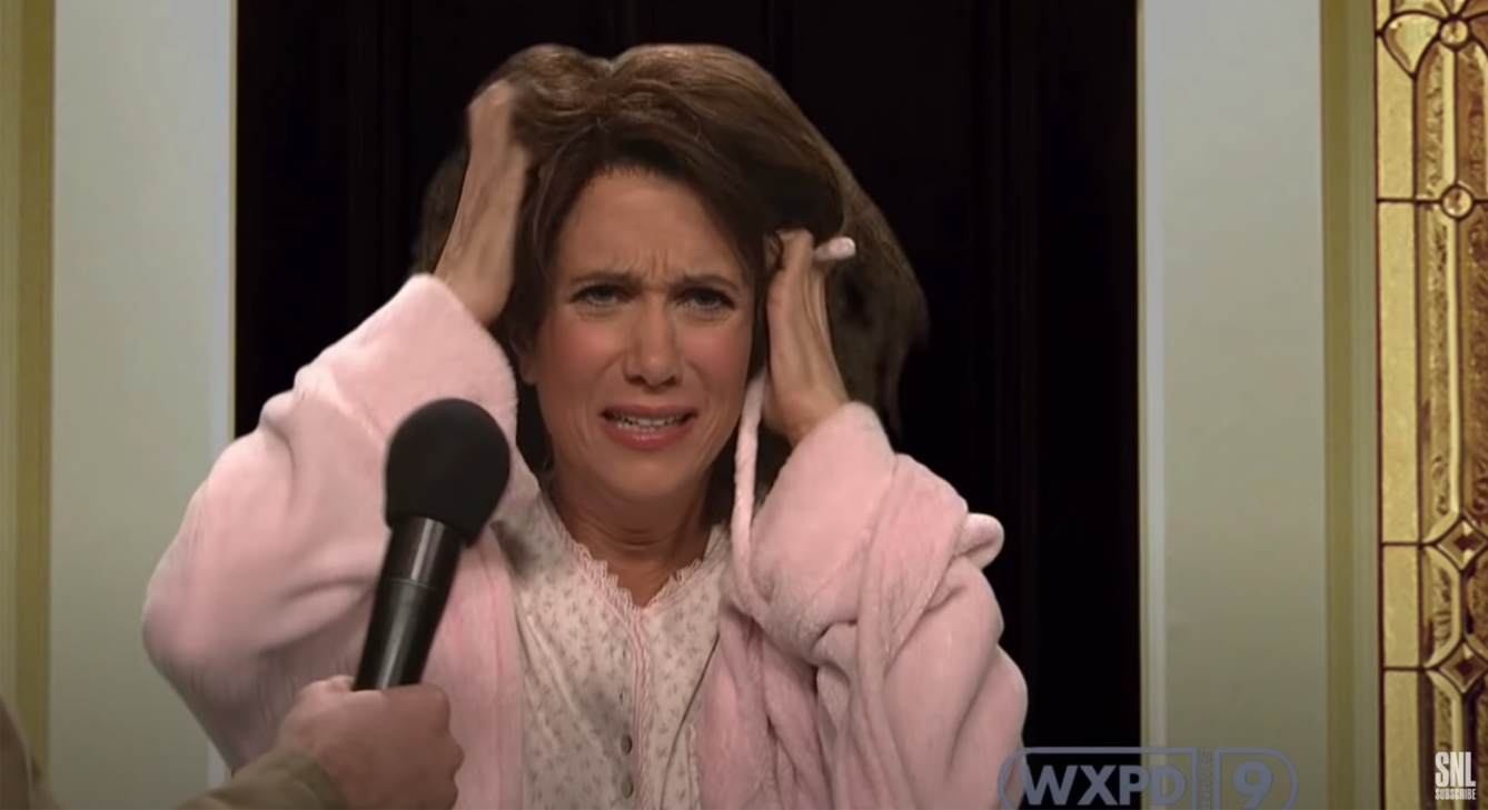 Photograph of mother panicking in Saturday Night Live skit.