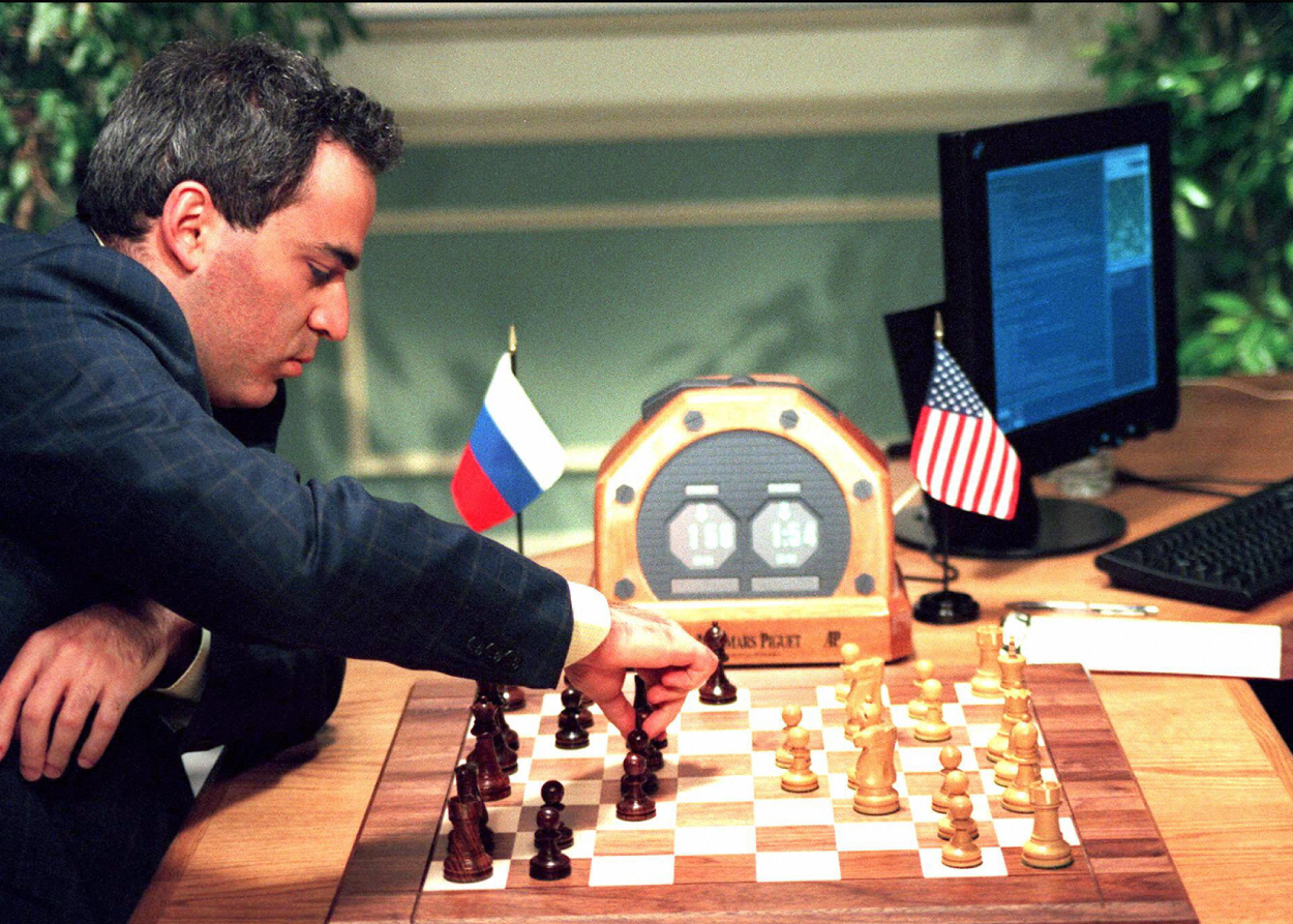 Photograph of Gary Kasparov vs. Deep Blue, May 11, 1997.